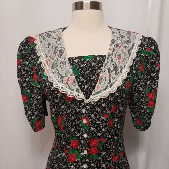 Vintage 80s Retro Gothic Floral Rose Lace Belted Button Front Midi Dress Md - Picture 5 of 8
